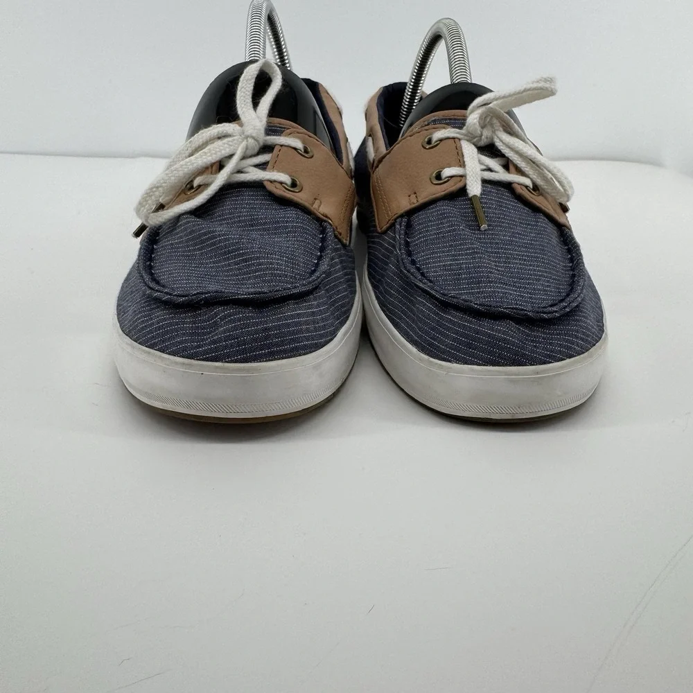 Keds Coastal Preppy Boat Shoes Navy Stripe Tan Trim Lace Up Comfort Size 8 Foam